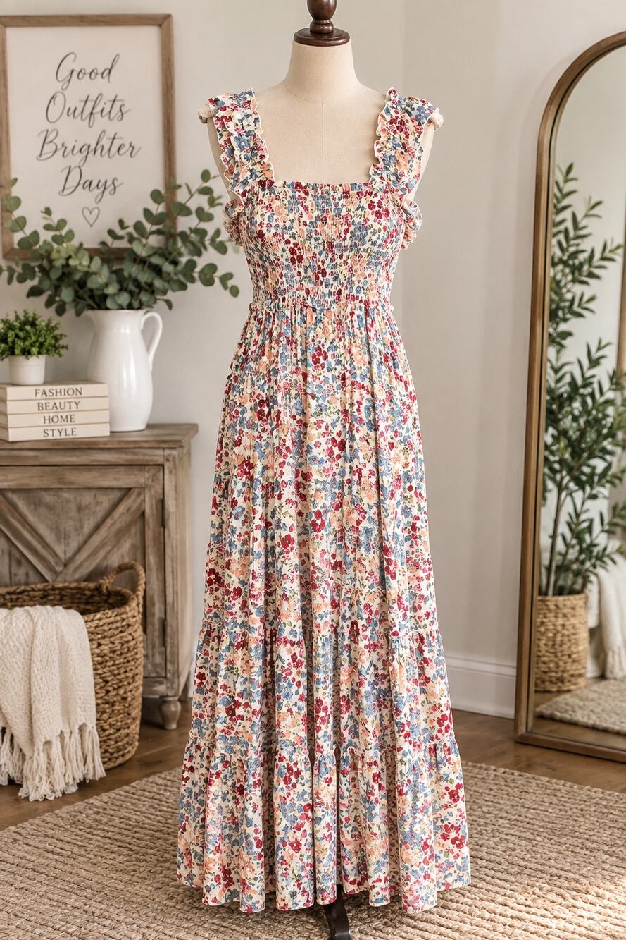 Nevena Rae Floral Smocked Maxi Dress Ruffle Strap Cottagecore Size L